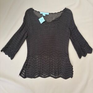 Bette Paige Crochet Knit Sweater 3/4 Sleeve Scalloped Hem M Festival Boho Fairy